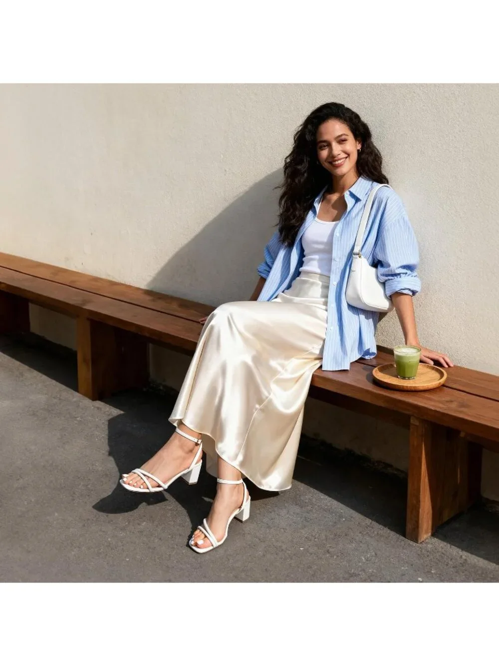 Women's White Faux Leather Square-Toe Chunky Block Ankle Buckle Heeled Sandals